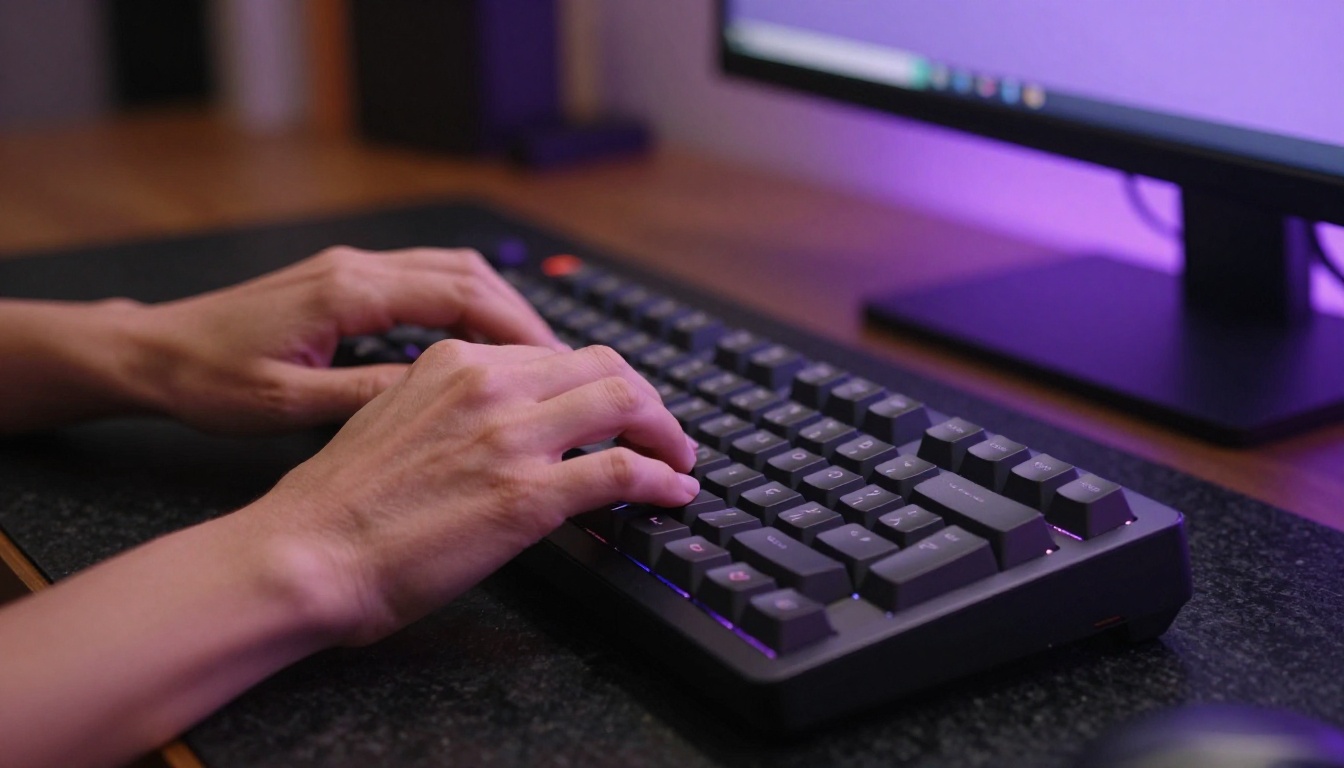 AI content creation workspace with keyboard and monitor glow