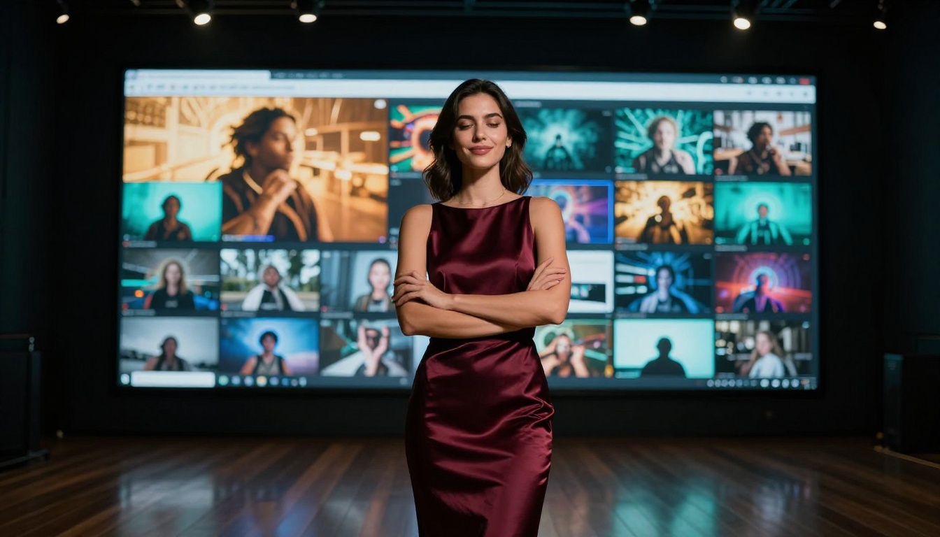 Confident creator standing in front of AI video generation display