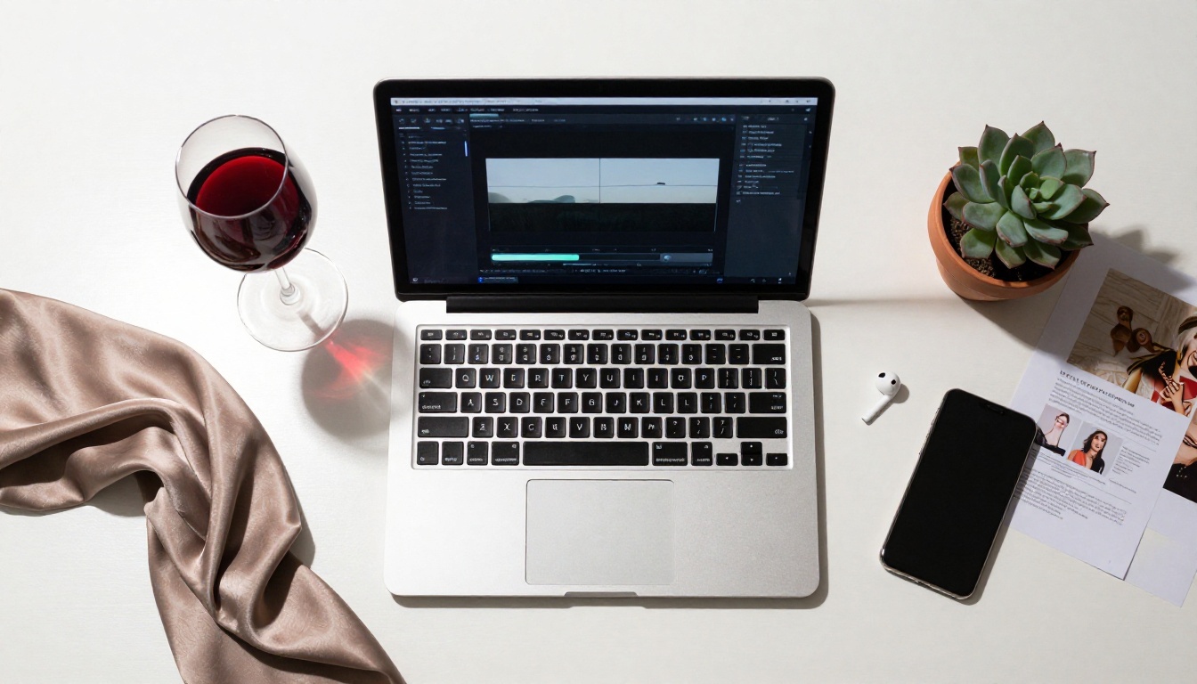 Overhead flat-lay of AI creator workspace with laptop and accessories