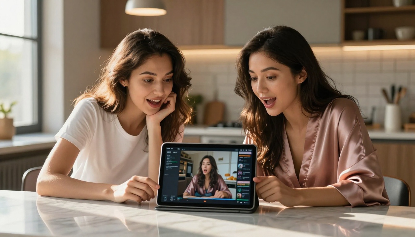 Two creators collaborating over AI-generated video results on tablet