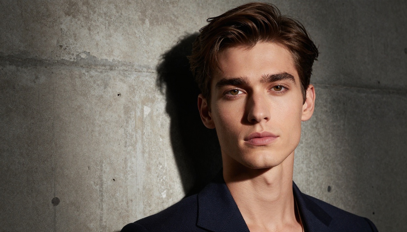 Confident model in editorial fashion wear against weathered concrete wall with dramatic Rembrandt lighting