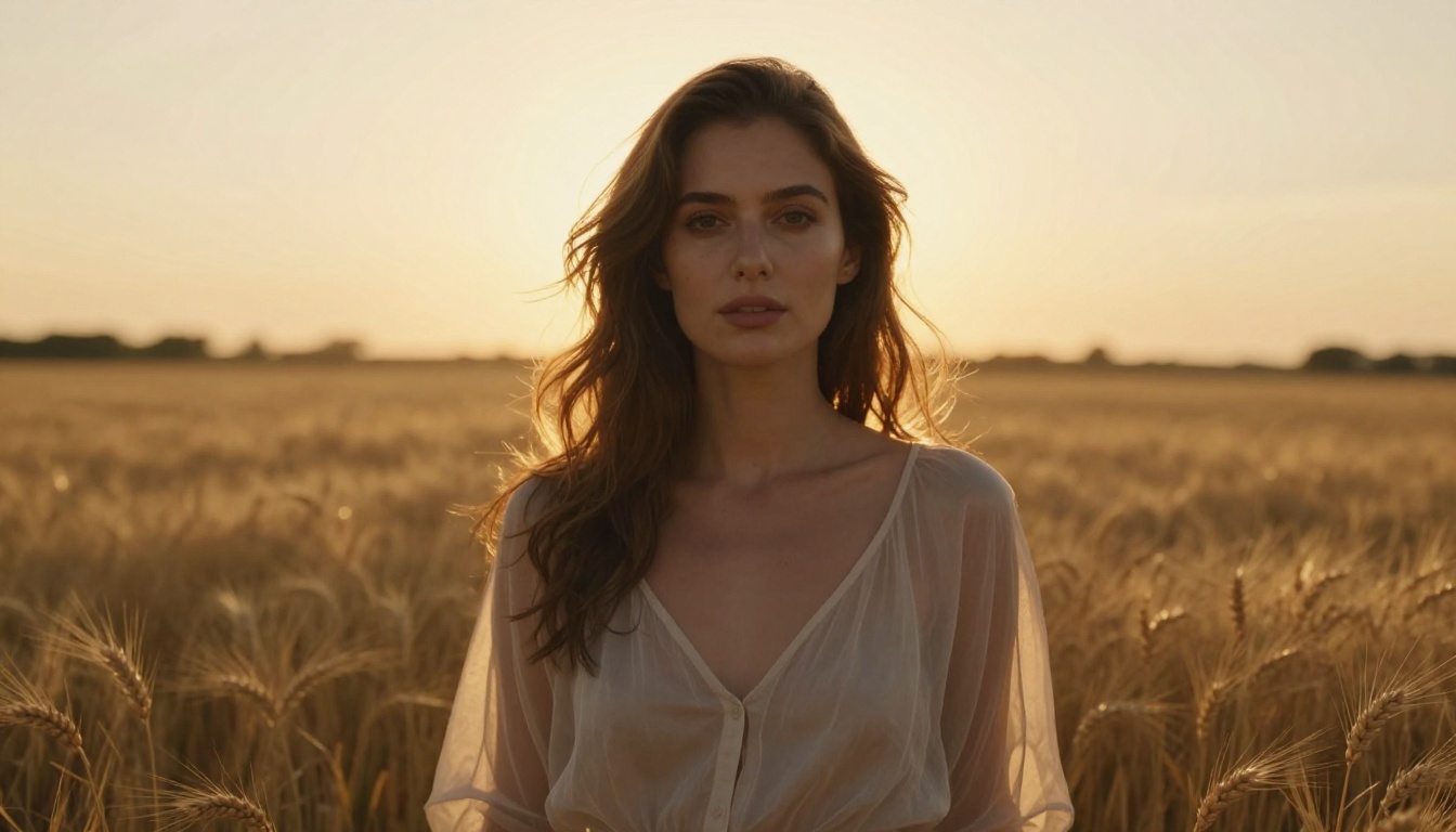 Sensual portrait of woman in sheer top against golden wheat field with backlit sunset rim lighting