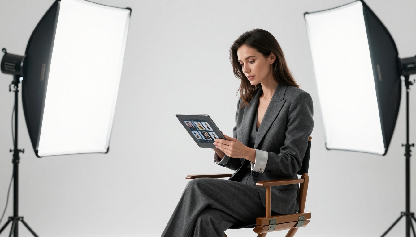 Professional adult content director reviewing AI-generated results on set