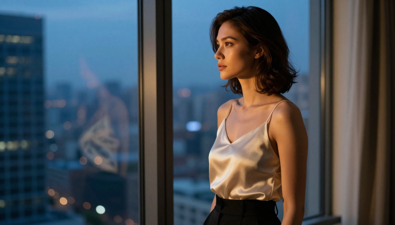 Dramatic side profile with Rembrandt lighting split across cityscape background