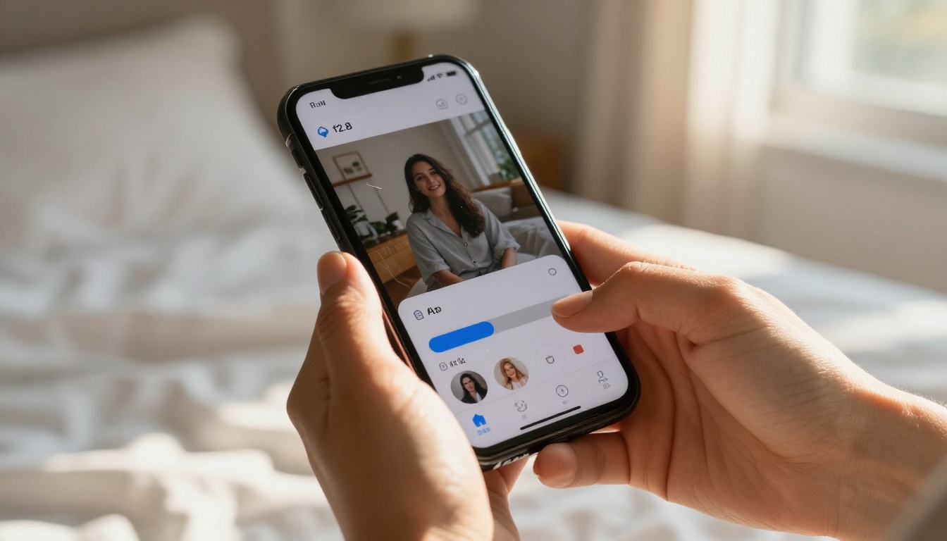 Morning mobile AI video creation in intimate bedroom setting