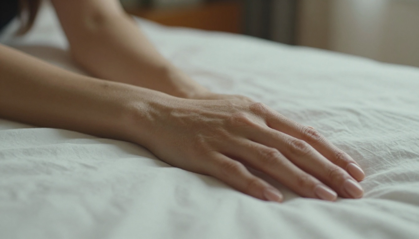 Close-up detail of hands on white linen with soft morning window light