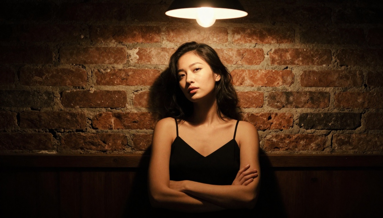 Night urban loft with single overhead tungsten light and deep editorial shadows