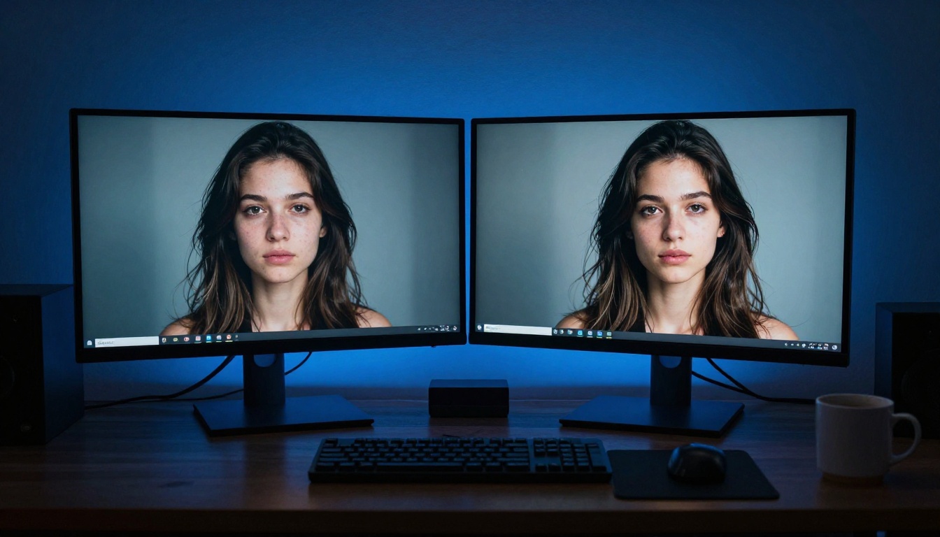 Dual monitor comparison of AI image generation quality levels