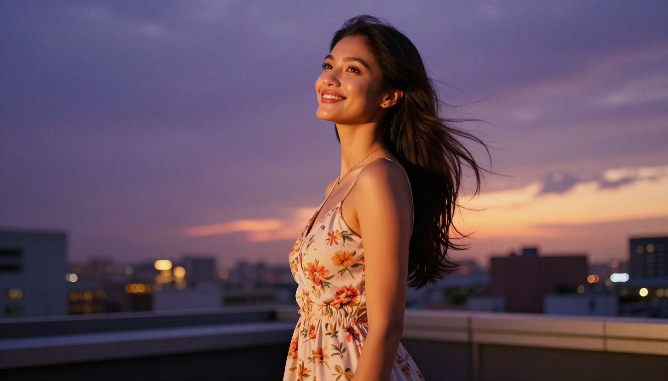 Low-angle golden hour portrait with volumetric evening light and city bokeh