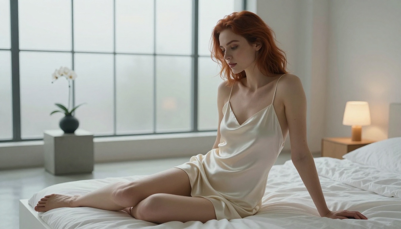 Silk slip editorial, morning window light, loft apartment