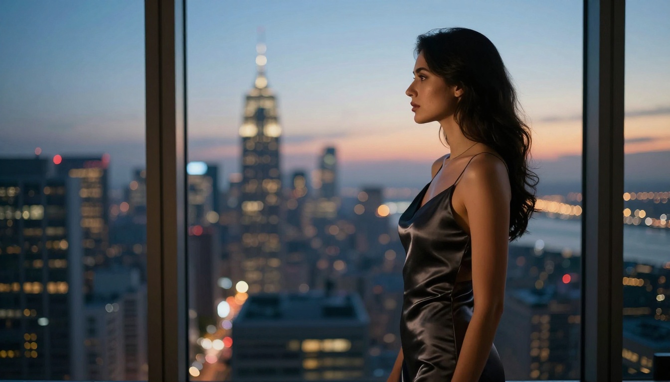 Dramatic city skyline dusk profile portrait with soft bokeh light trails Dramatic city skyline dusk profile portrait with soft bokeh light trails