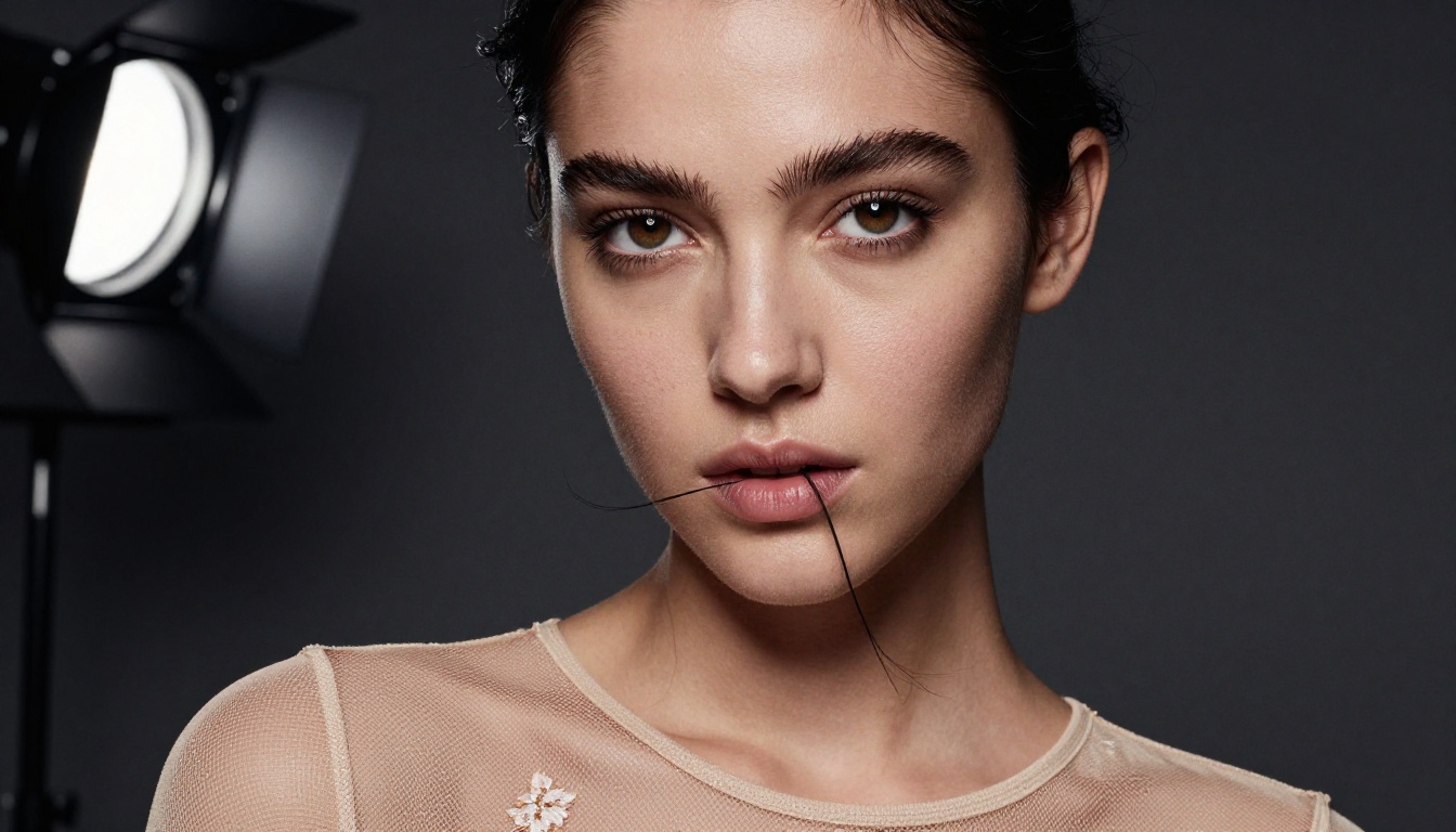 Close-up portrait, Rembrandt lighting, champagne mesh bodysuit