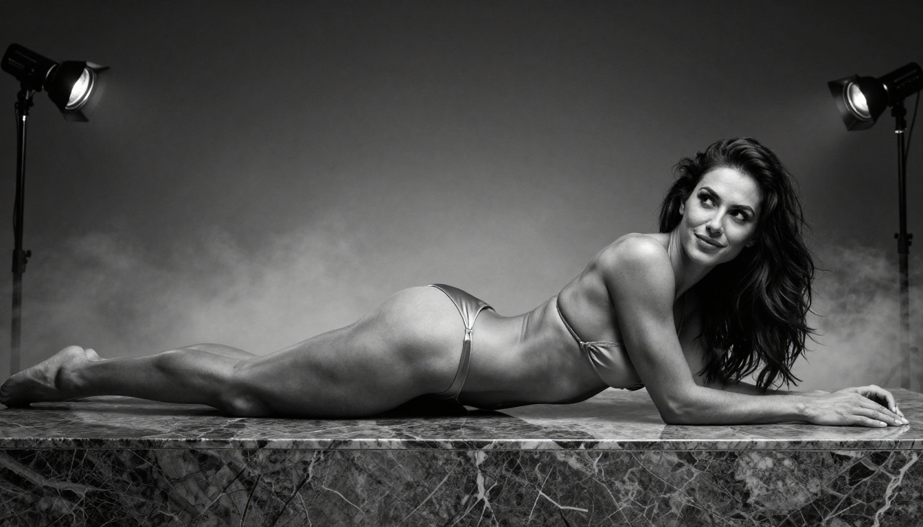 Artistic marble studio editorial, dramatic strip lighting