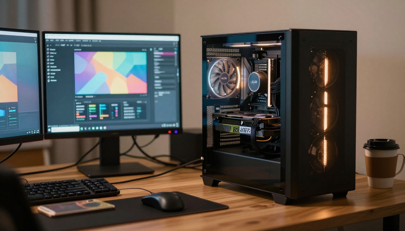 Modern PC workstation with RTX 3070 GPU visible through tempered glass