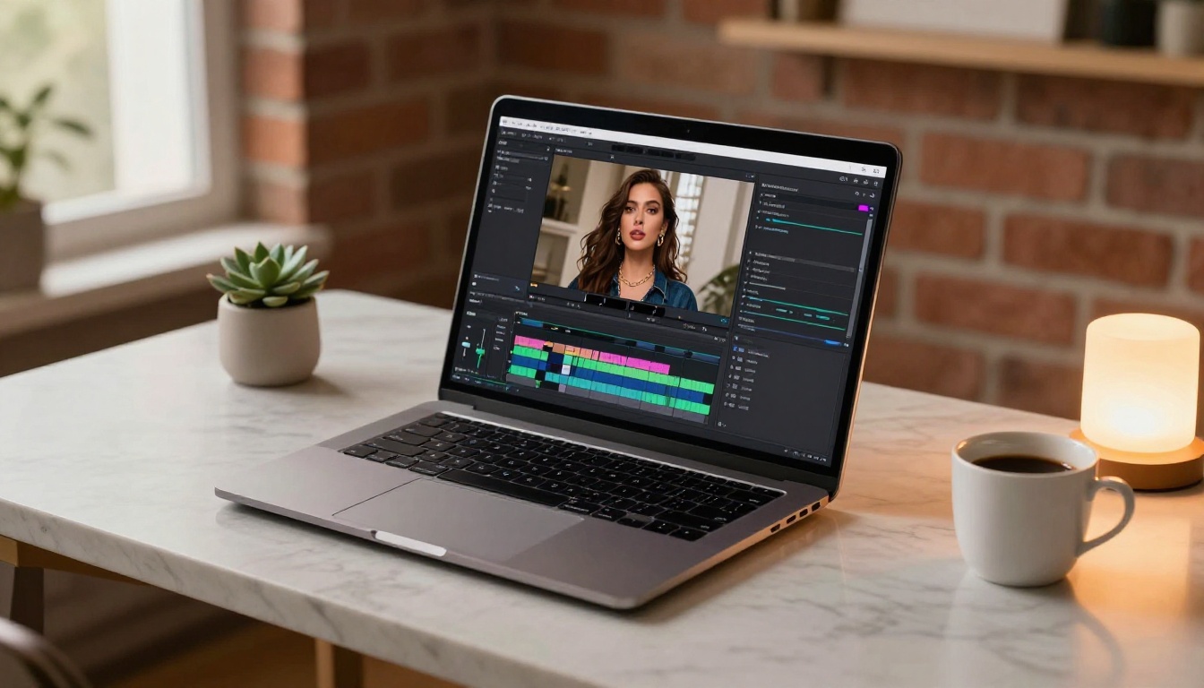 AI video editing timeline on laptop in creative studio workspace AI video editing timeline on laptop in creative studio workspace