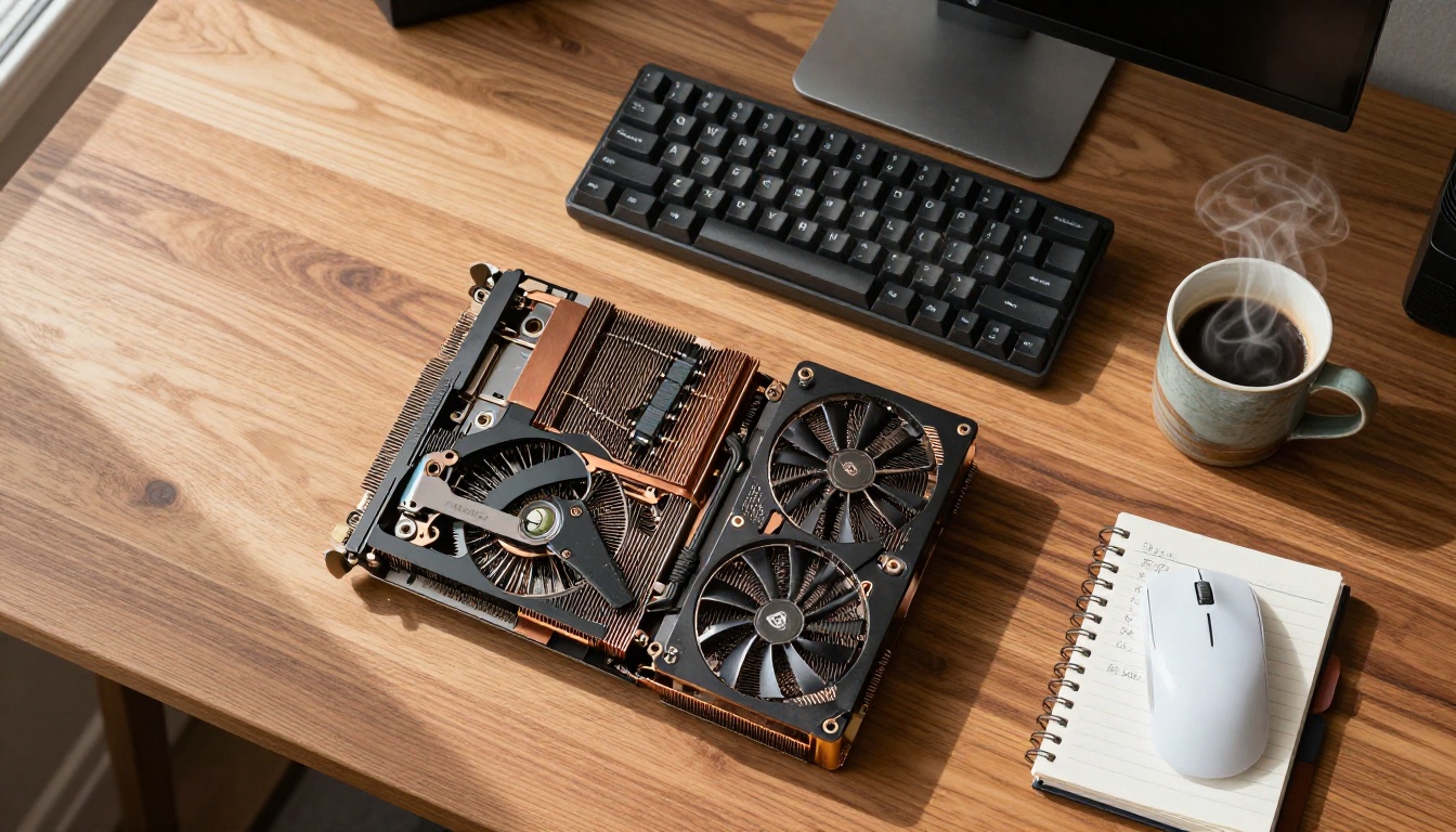 Aerial flat-lay view of GPU and keyboard workspace