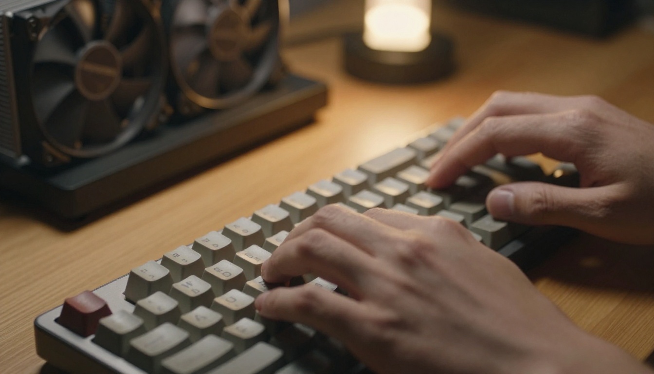 Close-up of hands typing on mechanical keyboard with GPU in background