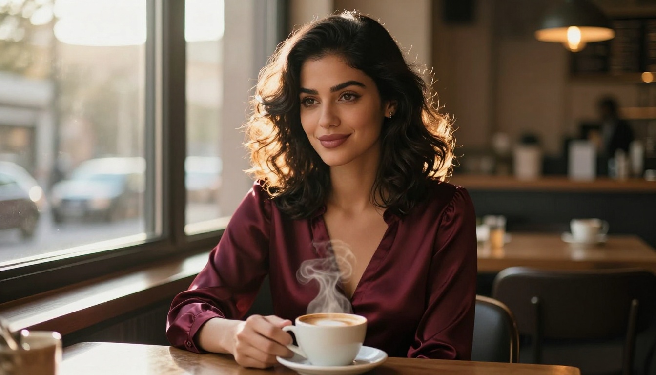 Woman in burgundy blouse at café window with natural backlight