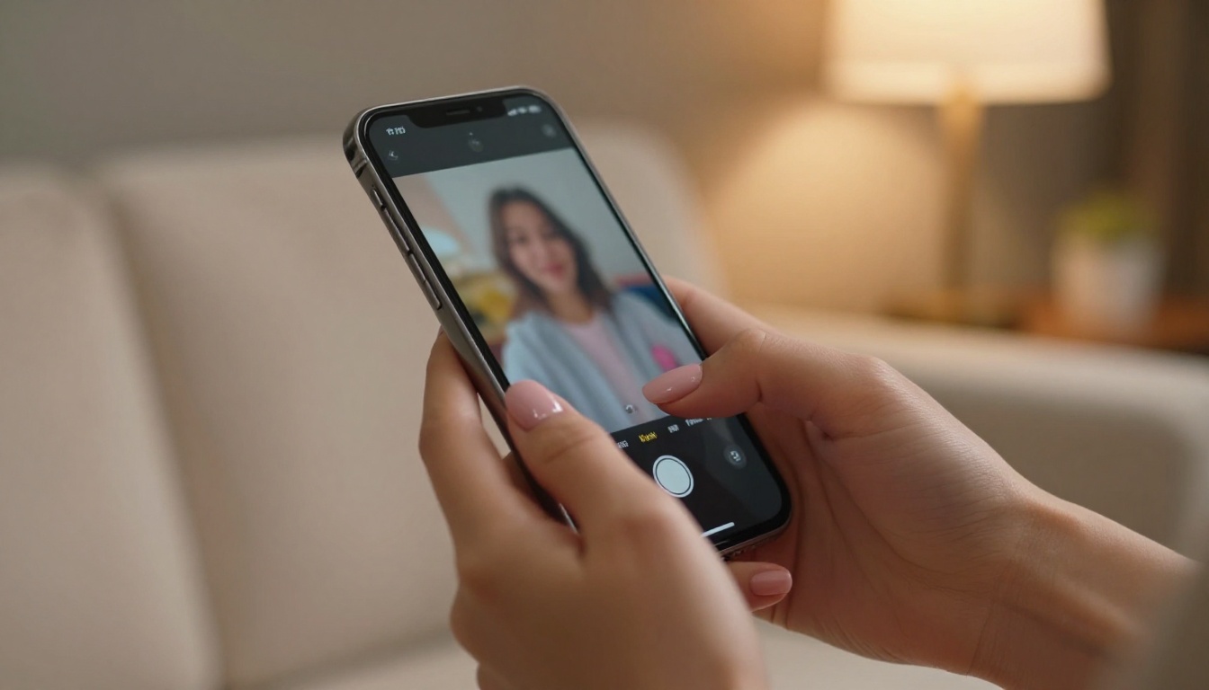 Smartphone in hand displaying video on screen, warm ambient lounge lighting close-up Smartphone in hand displaying video on screen, warm ambient lounge lighting close-up