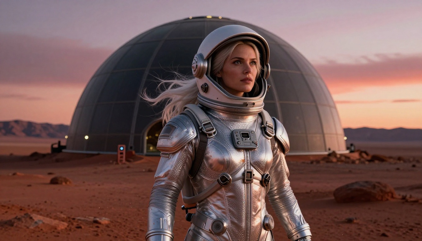 Sci-fi explorer woman in silver space suit on terraformed Mars colony at dusk