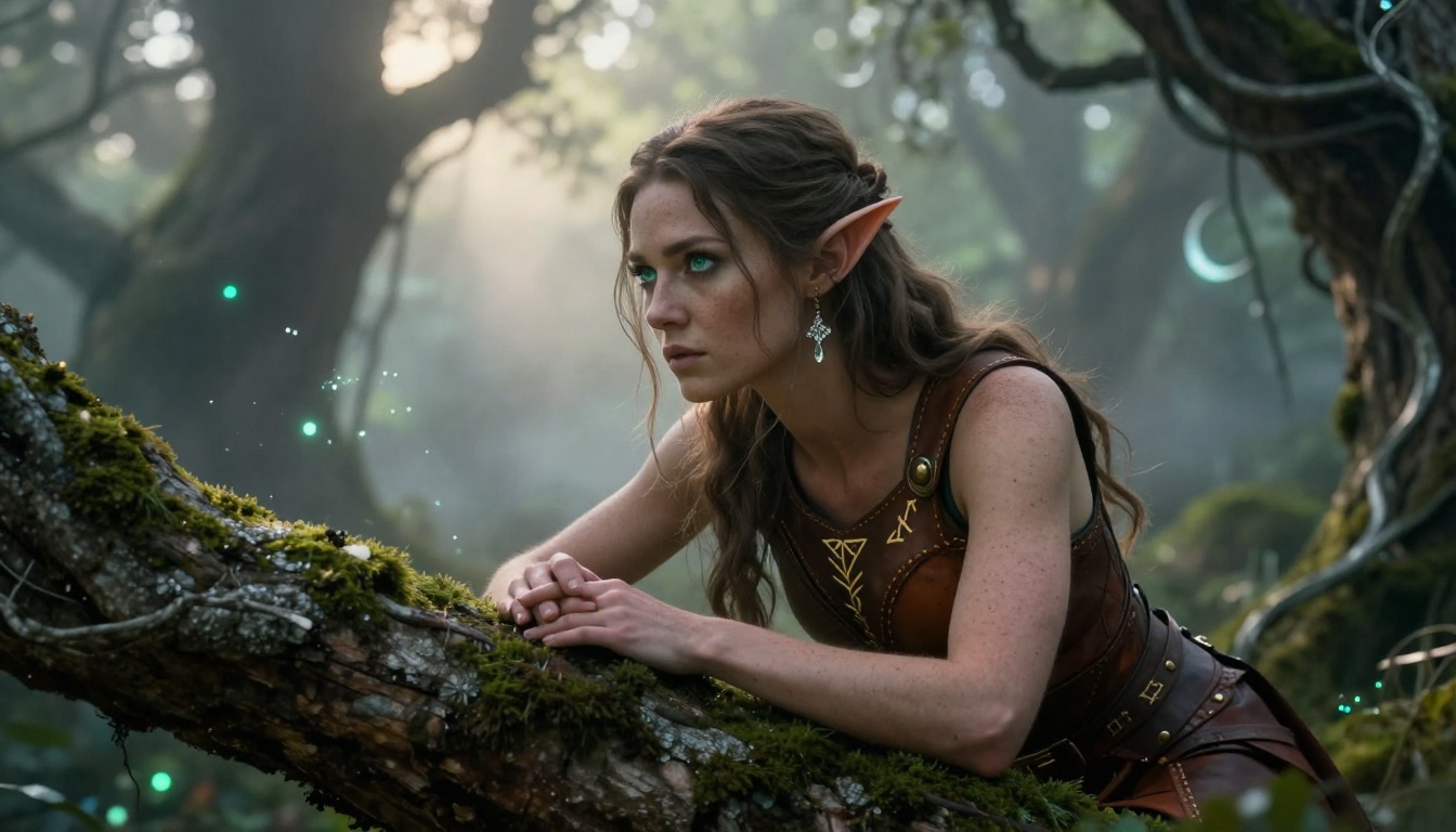 Fantasy elven archer woman crouching on mossy forest branch at dawn with bioluminescent spores