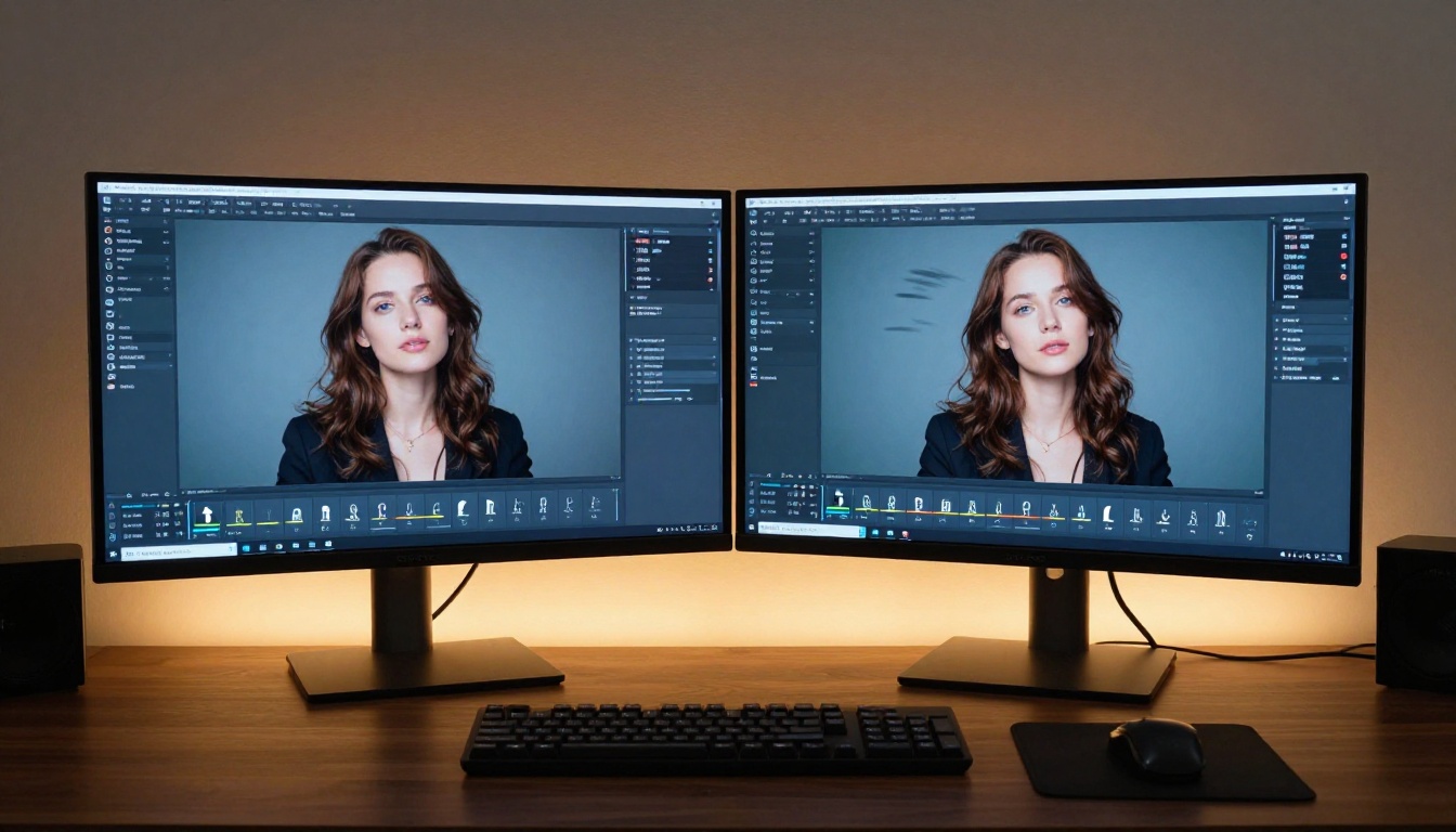 Dual monitor workspace showing image-to-video AI software interface and workflow Dual monitor workspace showing image-to-video AI software interface and workflow