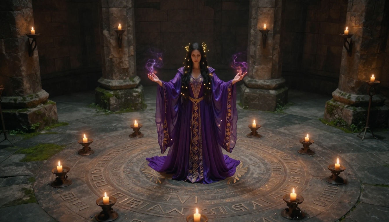 Powerful sorceress in translucent violet robe at center of ancient stone ritual circle lit by candlelight