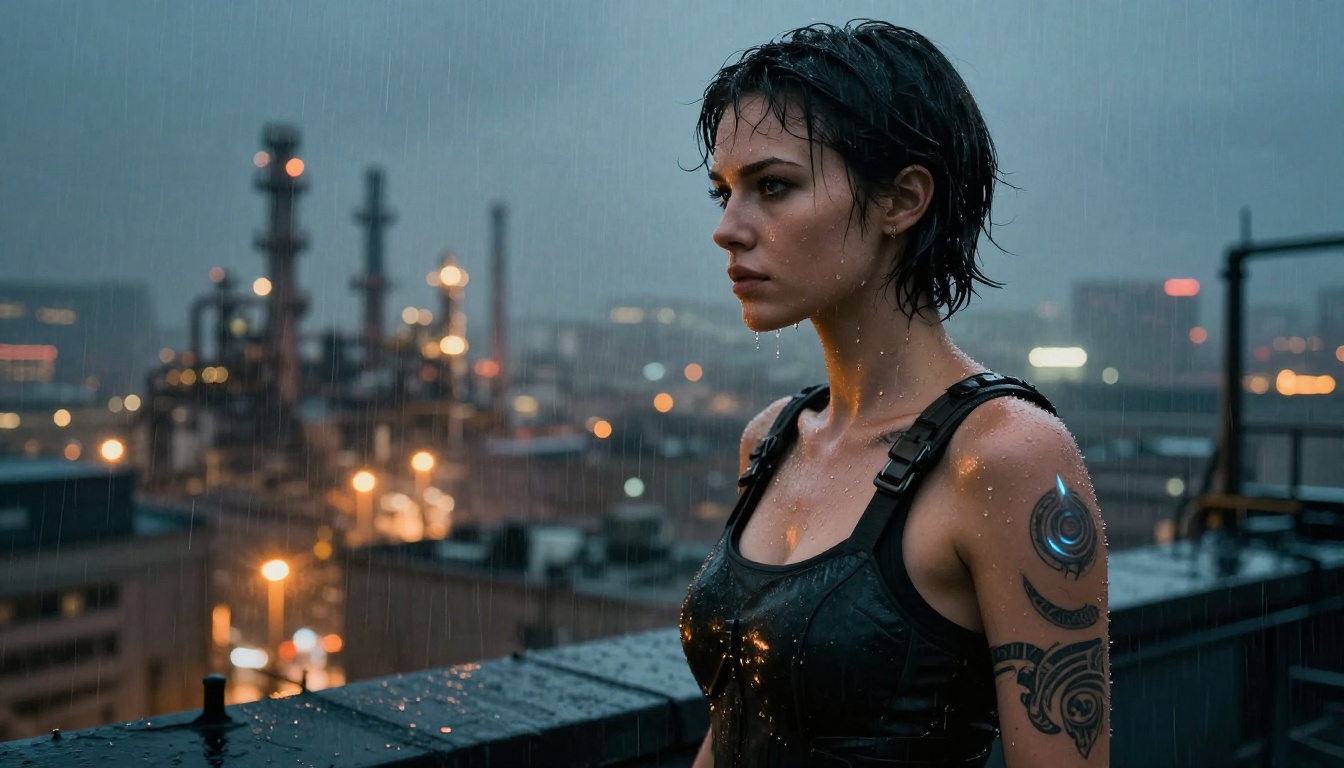 Futuristic female cybernetic soldier standing in rain on rooftop overlooking industrial cityscape at night