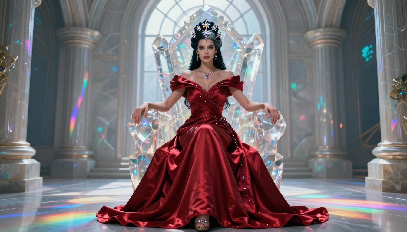 Glamorous intergalactic queen seated on crystalline throne in alien palace with prismatic rainbow light