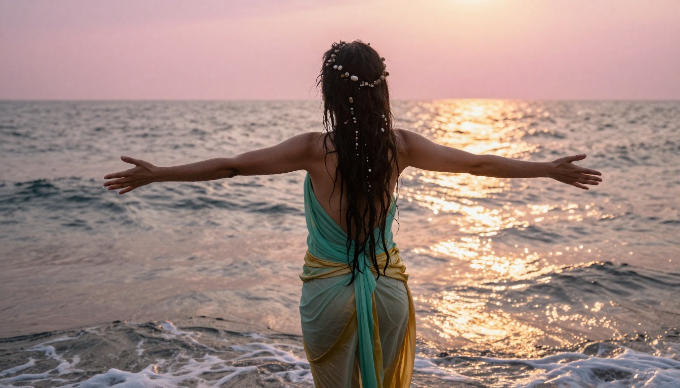 Mythological sea goddess emerging from ocean waves at sunrise on a deserted volcanic beach Mythological sea goddess emerging from ocean waves at sunrise on a deserted volcanic beach