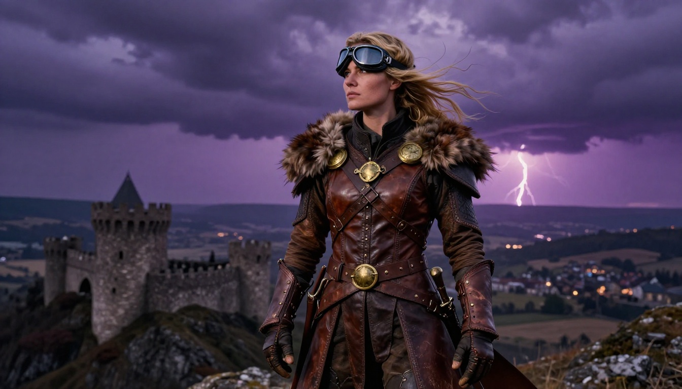Dragon rider woman in hardened leather flight gear standing on ridge at twilight overlooking medieval valley Dragon rider woman in hardened leather flight gear standing on ridge at twilight overlooking medieval valley