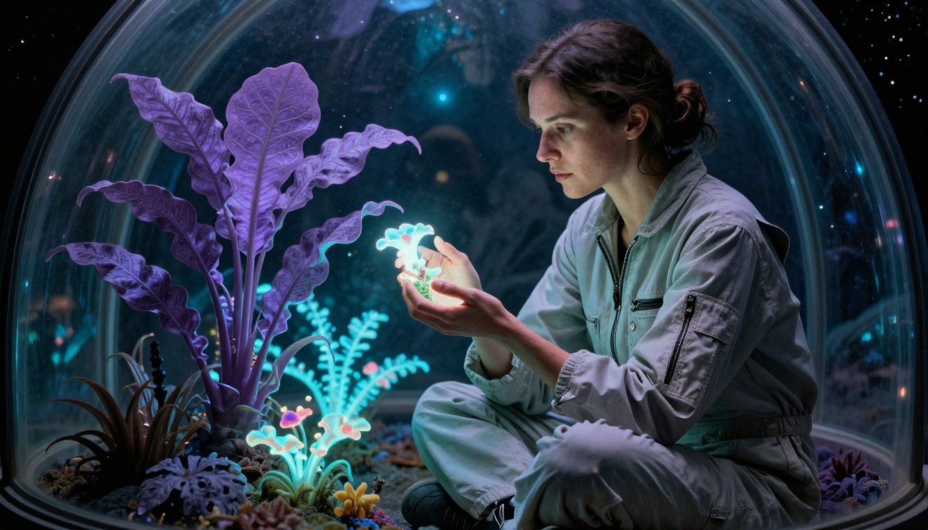 Sci-fi biologist woman inside glass biodome surrounded by luminescent alien flora on exoplanet Sci-fi biologist woman inside glass biodome surrounded by luminescent alien flora on exoplanet