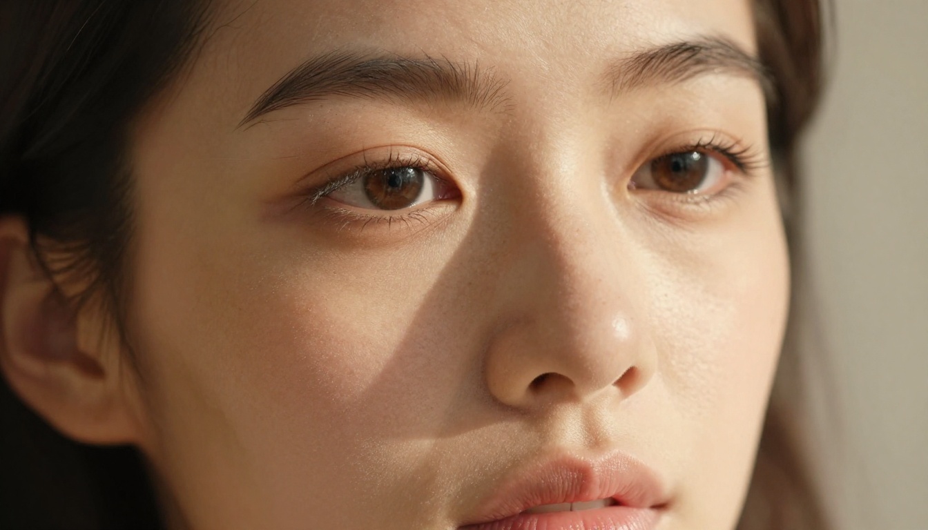 Close-up portrait with photorealistic skin detail and natural rim lighting showing individual eyelashes and skin texture