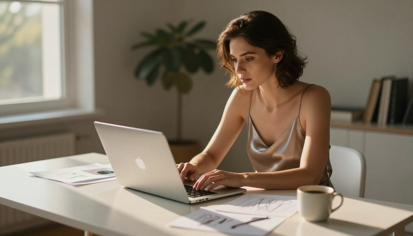 Woman working at a minimalist desk with golden morning light, natural creative workflow atmosphere