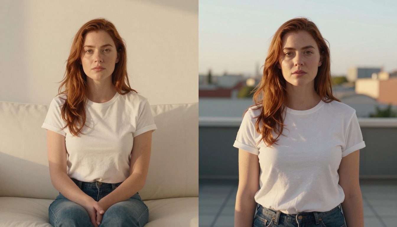 Diptych showing same woman with identical facial features in two completely different scenes and lighting conditions