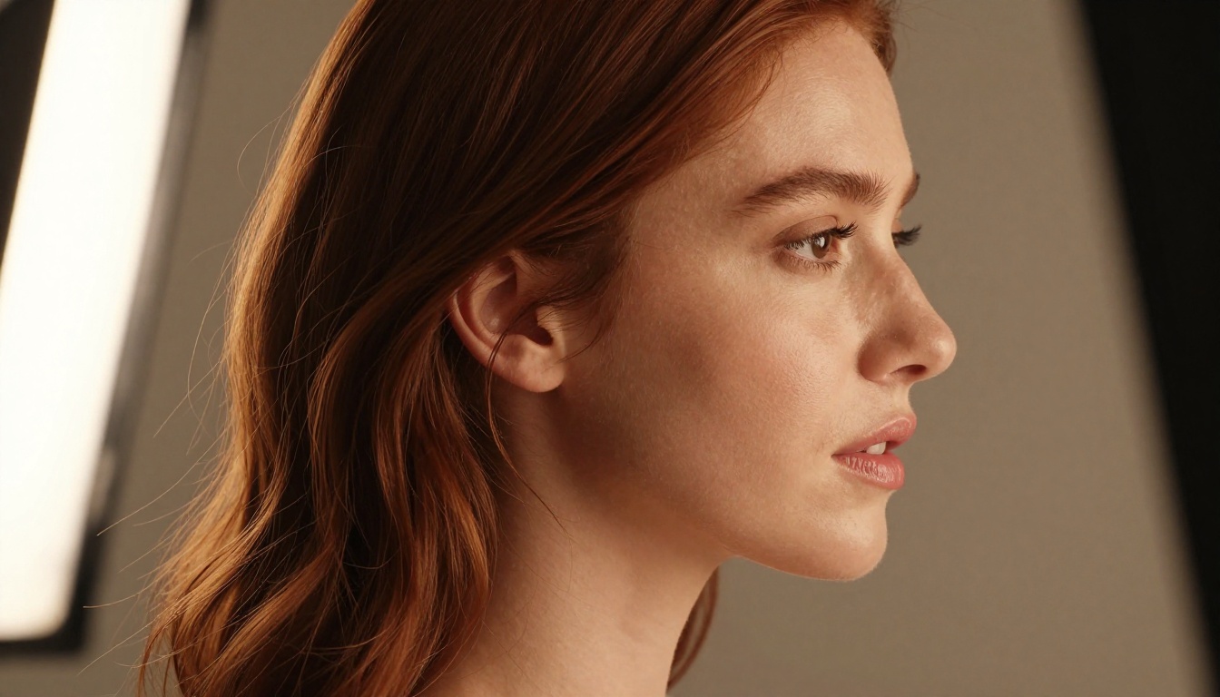Side profile close-up of woman with cascading auburn hair showing detailed facial features and natural skin texture