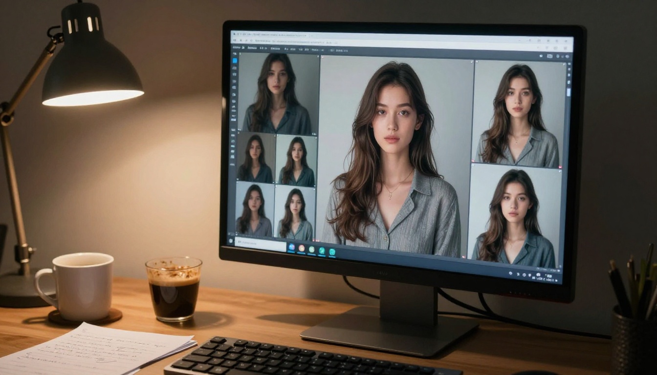 AI character consistency reference grid showing same woman from multiple angles on a monitor screen