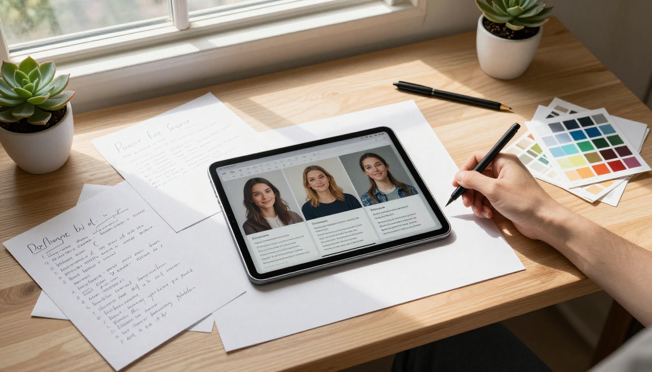 Creative workspace flatlay with tablet showing AI portrait reference images, handwritten notes, and design materials