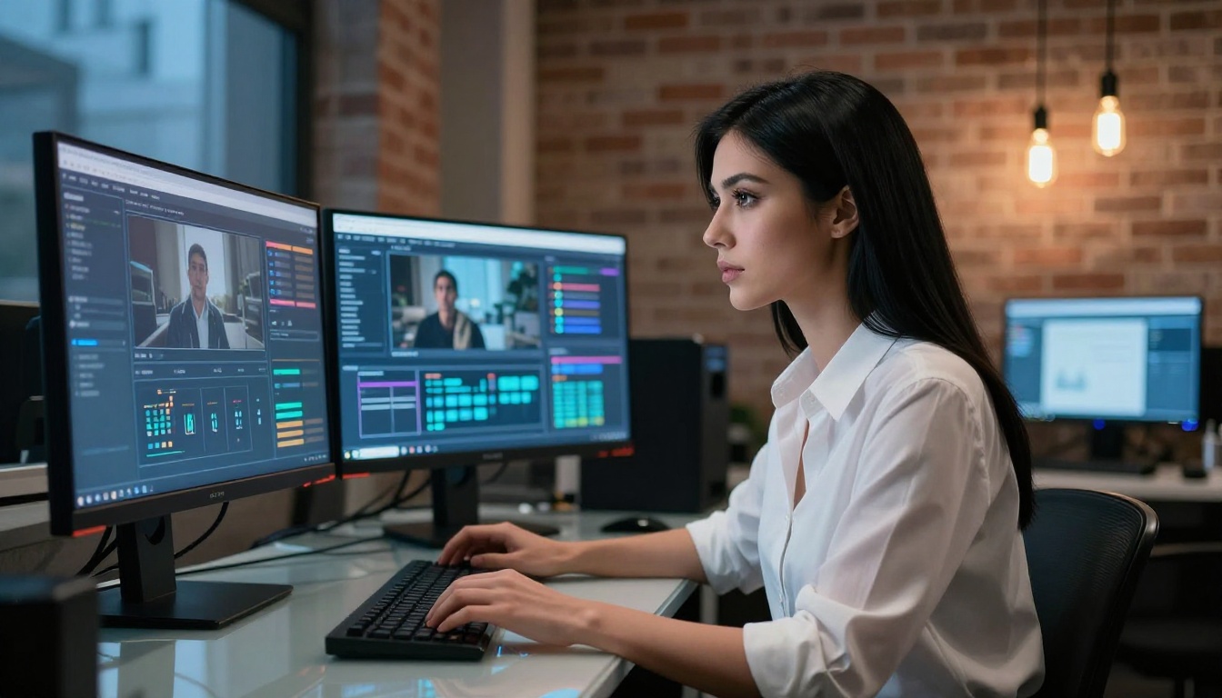 Woman at creative AI workspace with multiple monitors and focused expression