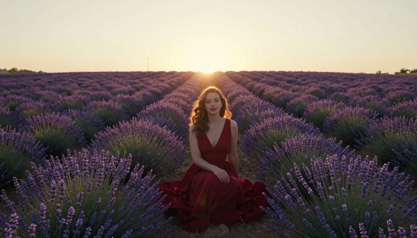 Aerial lavender field golden hour editorial photography