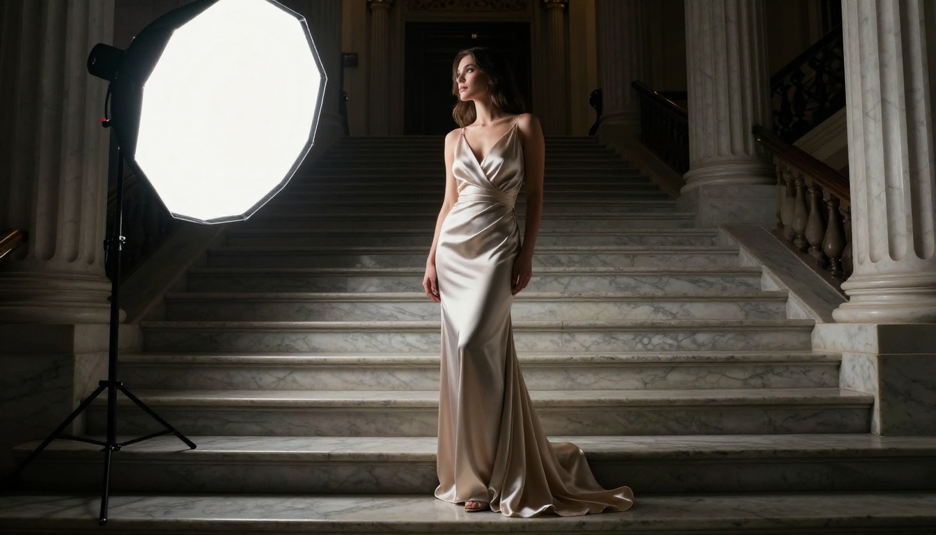 Elegant figure in evening gown on marble staircase, demonstrating body proportion in formal context Elegant figure in evening gown on marble staircase, demonstrating body proportion in formal context