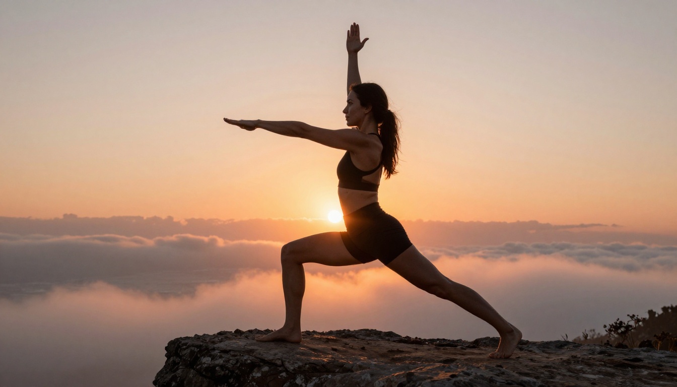 Yoga pose on cliff at sunrise, showing figure in dramatic landscape with rim lighting