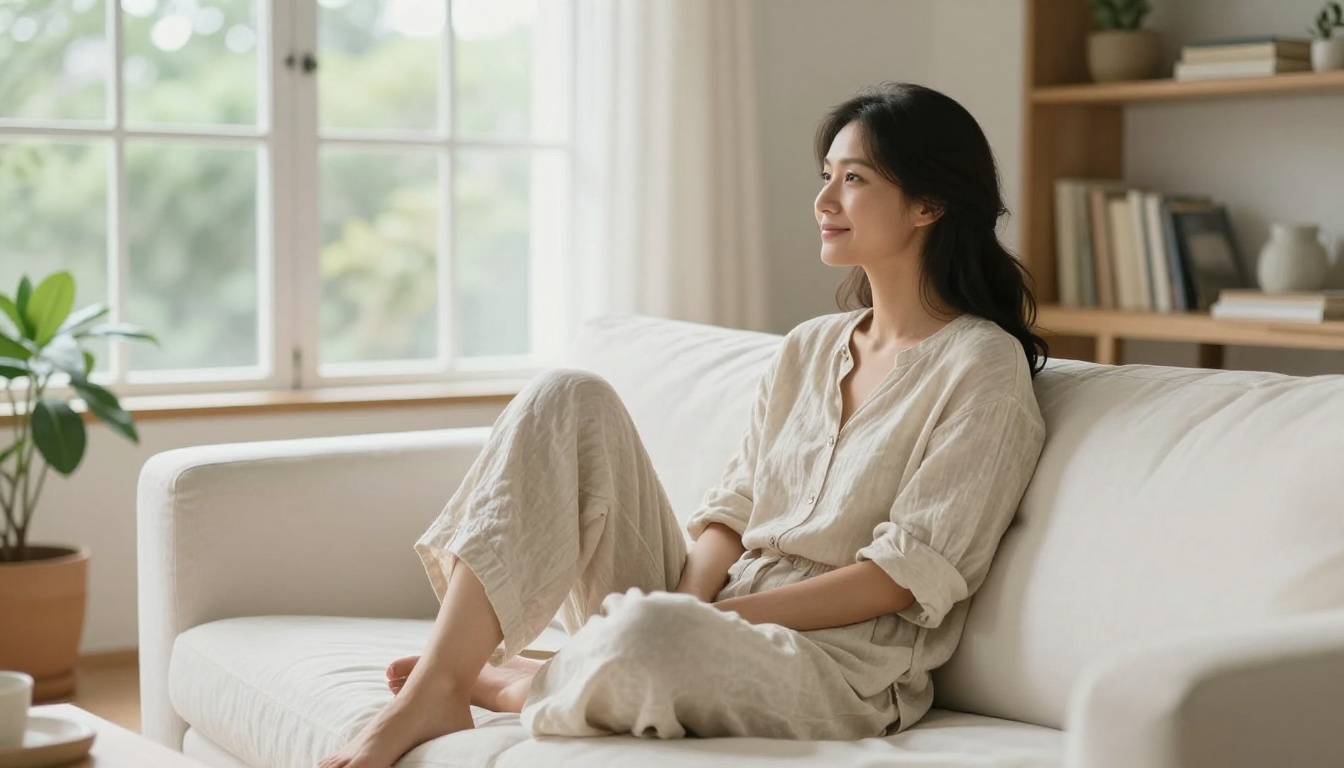 Indoor lifestyle portrait showing natural proportions in soft window light