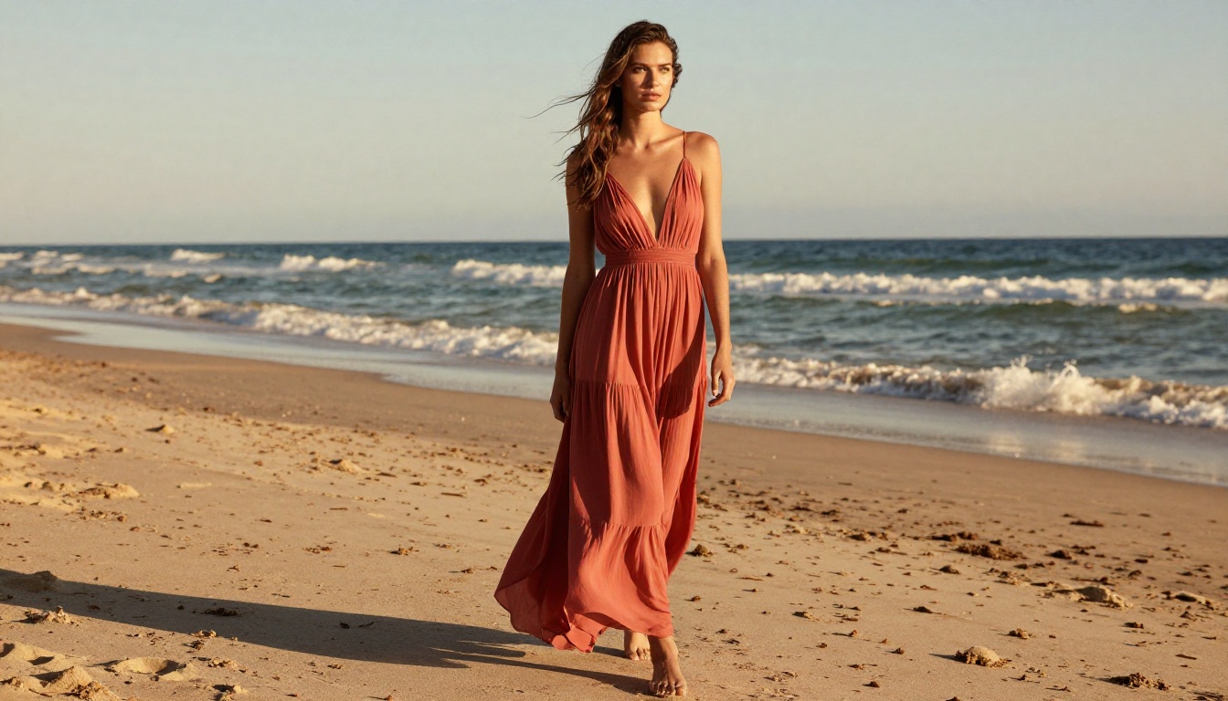 Fashion model on Mediterranean beach, coral maxi dress, golden hour light