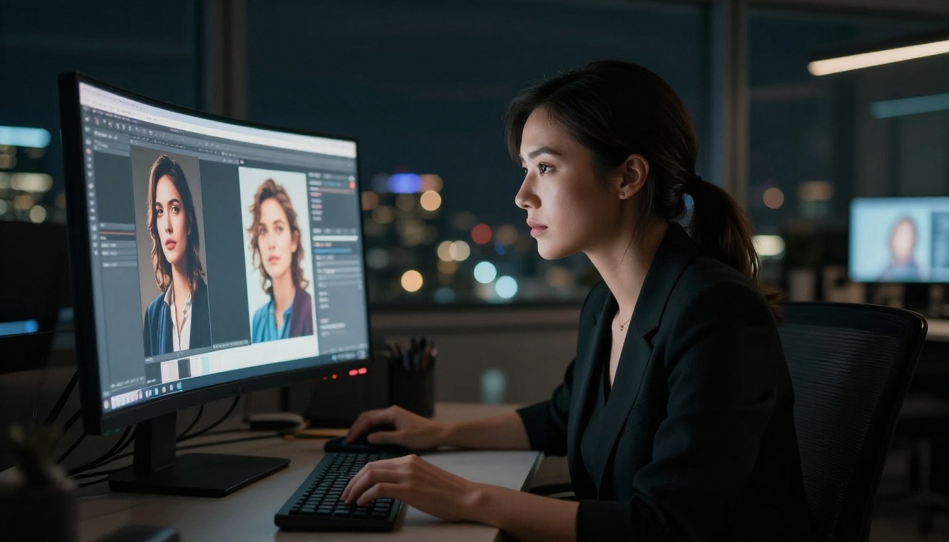 Creative professional working at night office, AI generation on screen