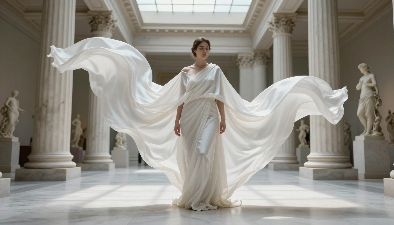 Fine art photography, woman in flowing silk in classical gallery