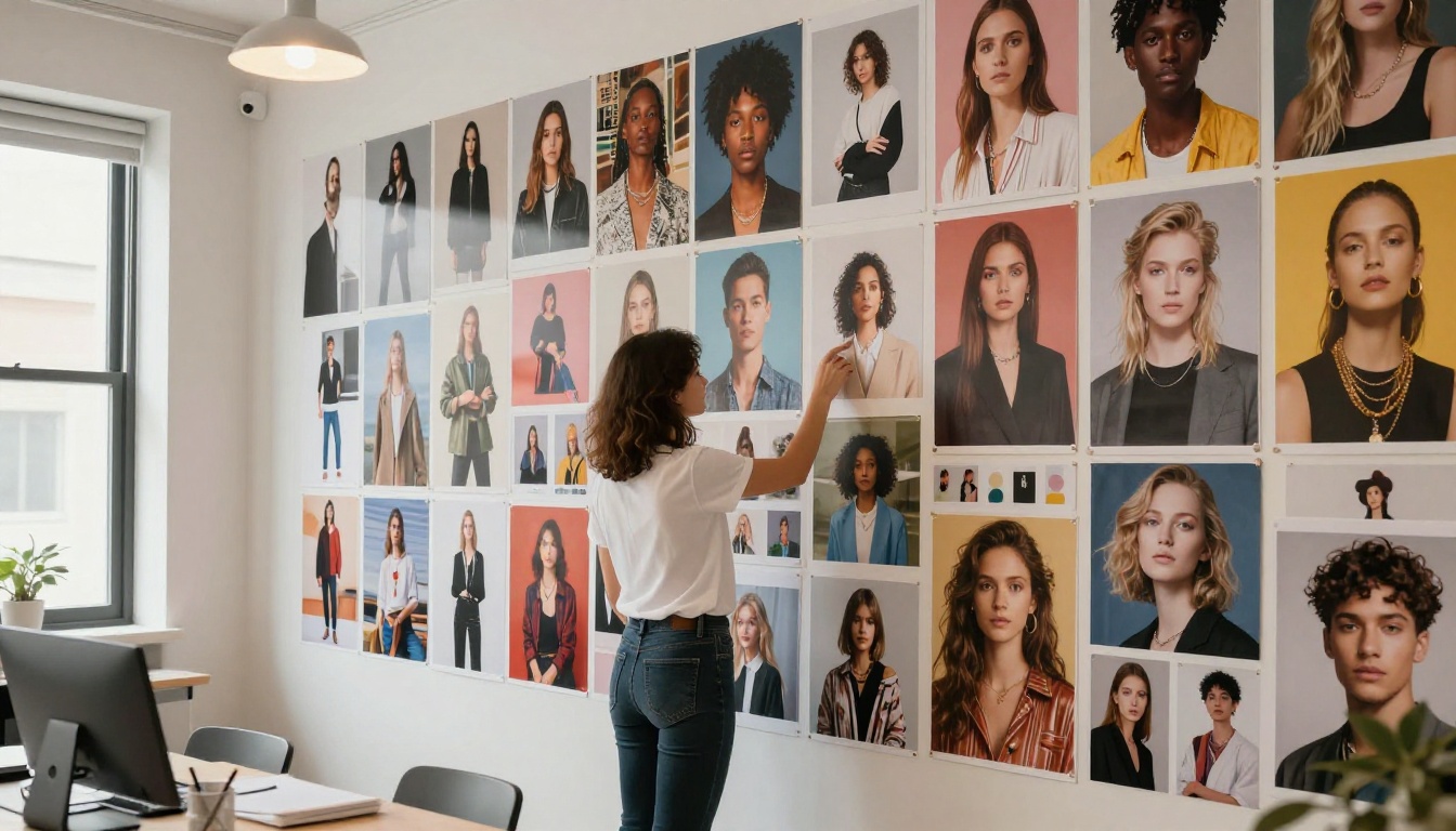 Creative studio inspiration wall covered with AI-generated portraits