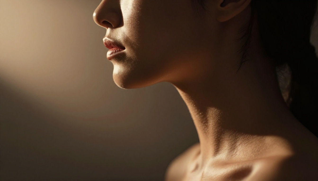 Dramatic Rembrandt lighting on skin texture, collarbone detail