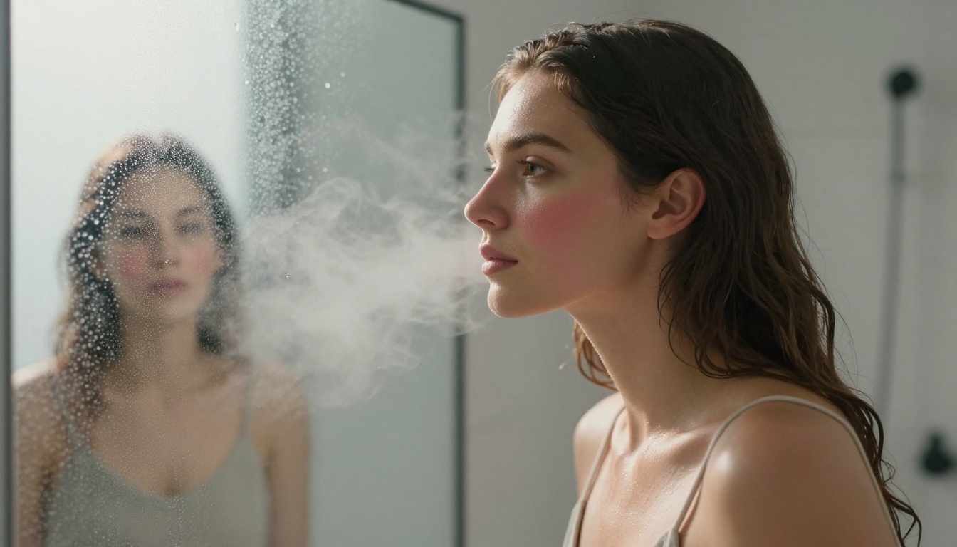 Atmospheric bathroom steam portrait with mixed lighting