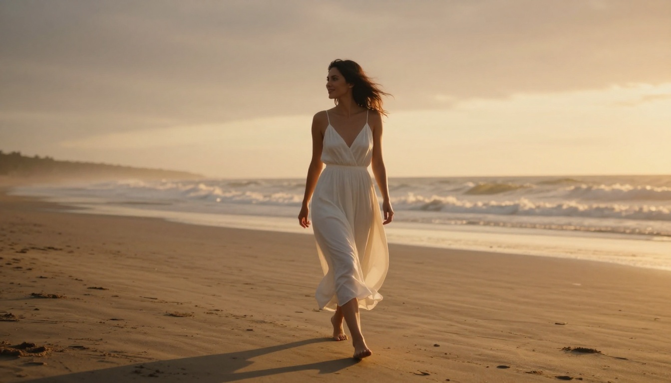 Beach golden hour photorealistic portrait walking